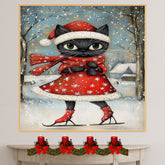 Christmas Wall Art Featuring Cute Black Cat in Red Santa Dress Ice Skating Through a Snowy Forest Whimsical Holiday Illustration for Winter Decor and Cat Lovers on Ready to Hang 1.5" Thick Canvas Wrap, Floating Framed Canvas, Flat Rolled Canvas